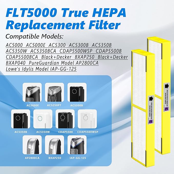 6 Packs FLT5000 Plastic Frame True HEPA Filter C Replacement Compatible with AC5000 AC5000E AC5250PT AC5350B AC5350BCA AC5350W AC5300B with 12 Packs Activated Carbon Pre-Filters