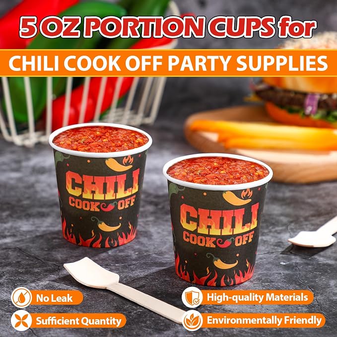 Teenyyou 400 Pcs 5 oz Chili Cook off Party Decorations Mini Chili Cook off Tasting Cups Disposable Sample Paper Cup Bowls and Wooden Spoons for Pepper Competition Prizes Party Cooking Supplies, Black