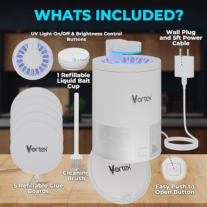 Vortex Indoor Insect Trap - Catcher & Killer for Fruit Flies, Gnat, Mosquito, Moth - UV Light Non Zapper Suction Glue Board - Bug Light Fruit Fly Trap (White)