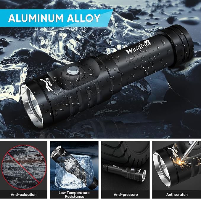 WINDFIRE Dive Light Scuba Diving Flashlight Bright Underwater Flashlight | 3 Modes, Power Indicator, IPX8 Waterproof, Built-in Battery Non-detachable, Long-lasting, Night Diving & Snorkeling