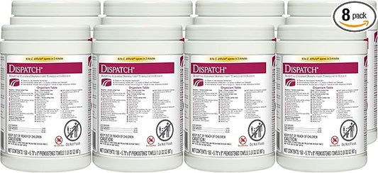 Dispatch Hospital Cleaner Disinfectant Towels with Bleach, 150 Count Canister, Pack of 8 (Package May Vary)