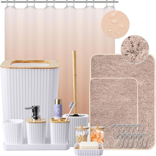 XLHOMO 24Pcs White and Gold Bathroom Set with Shower Curtain and Rug, White Bathroom Sets Complete with Trash Can,Soap Dispenser,Soap Dish,Toilet Brush,Toothbrush Holder and Cup,Tray,Q-Tip Holders