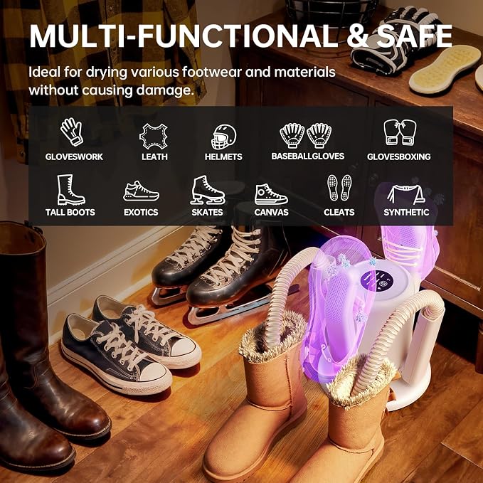 Boot Dryer, Shoe Dryer for Work Boots and Gloves, 4 Tubes with 6 Timers, Rose Salt Remove Odor, Quiet Portable Shoe Dehumidifier, Suitable for Ski Boots, Shoes, Gloves, Socks & Hats, SH03