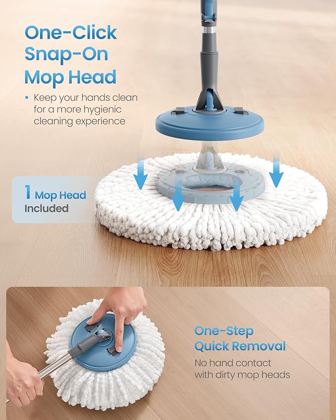 SONGMICS Spin Mop and Bucket Set with Pedal Wringer, Floor Cleaning Mop, Adjustable Telescopic Handle, Max. 59.1-Inch Length, 360° Rotating Head, 4 Microfiber Pads, Blue and Gray ULMB002QT04