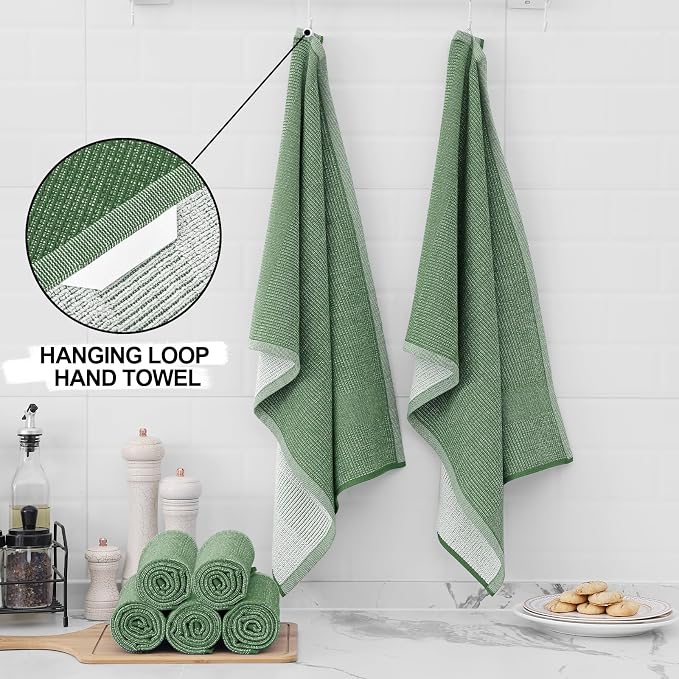 Homaxy Premium Kitchen Towels(18”x 28”, 3 Pack), Large Cotton Kitchen Hand Towels, Flat and Terry Dish Towels, 380 GSM Highly Absorbent Tea Towel Set with Hanging Loop, Grass Green