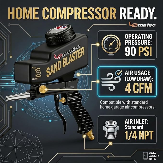LE LEMATEC Portable Sand Blaster Gun Kit | Gravity Feed Air Tool for Rust Removal, Glass Etching & Paint Stripping | Requires 4 CFM @ 90 PSI Air Compressor - Sandblasting Steel Nozzle