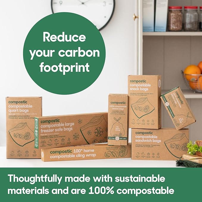 Compostic Compostable Gallon Bags (60 Count) Starter Pack — Resealable Zip-Seal, Plant-Based, Home Compostable, Freezer Safe, BPA-Free, Non-Toxic, GMO-Free Food Storage Bags