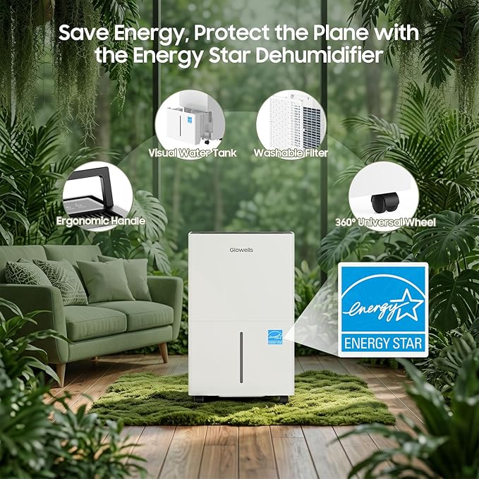 Glowells 4500 Sq.Ft Energy Star Dehumidifier for Basement with Drain Hose, 52 Pints Dehumidifiers for Home, Large Room, RV, Three Modes, Intelligent Humidistat, Quiet Smart Compressor, Auto Defrost