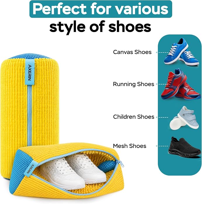 Shoe Washing Machine Bag for Washer and Dryer – AXERIN 5-Piece Kit | 2 Laundry Shoe Bags, 2 Shoe Trees & Brush, Reusable Sneaker Washing Bag, 360° Deep Clean for Sneakers, Tennis & All Shoes
