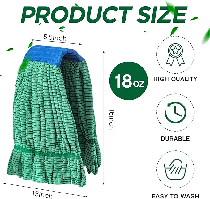 Hushee Large Microfiber Tube Mop Heads 18 oz Heavy Duty Commercial Industrial Wet Mop Head Refill Reusable Machine Washable Looped End Mopheads for Hardwood, Tile, Laminate Floors (Green,1 Pack)