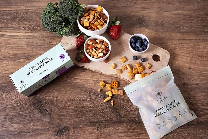 100% Compostable Resealable Food Storage Bags (50 Eco Zip), Biobased, Leak-Proof and Freezer-Safe, Extra Strong & Durable, (Quart Size) | Biobased, Leak-Proof, Durable, Freezer-Safe, Extra Strong