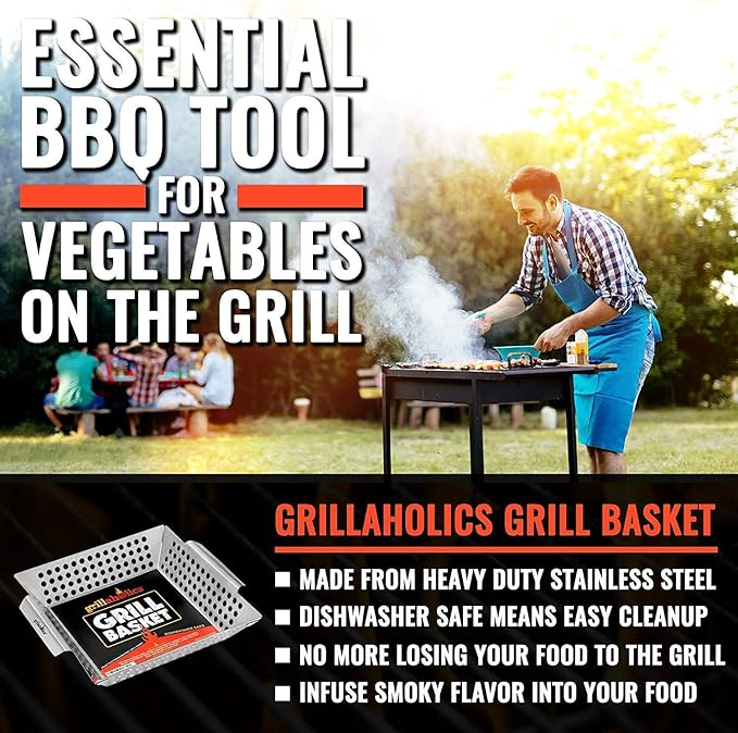 Grillaholics Bristle Free Grill Brush + High Heat Grilling Gloves + Vegetable Grill Basket Bundle