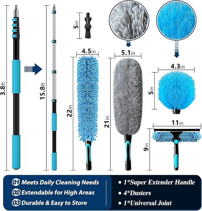 COVERONICS 20FT High Duster Cleaning Tools with 4-16FT Extension Poles - Reusable Fan Duster Cleaning Kits with Ceiling Fan Cleaner Duster, Window Squeegee, Microfiber Feather Duster & Cobweb Duster