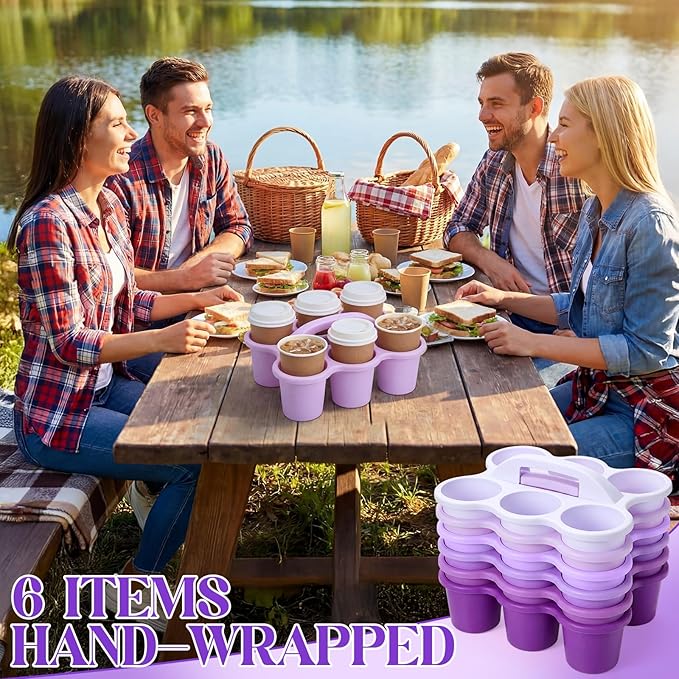 Suclain 6 Pcs Caddy Storage Basket with Handle, Plastic Drink Cup Caddy Holder, 6 Compartments for Table, Office, Arts, Crafts, Crayon, Marker, Pencil(Purple)