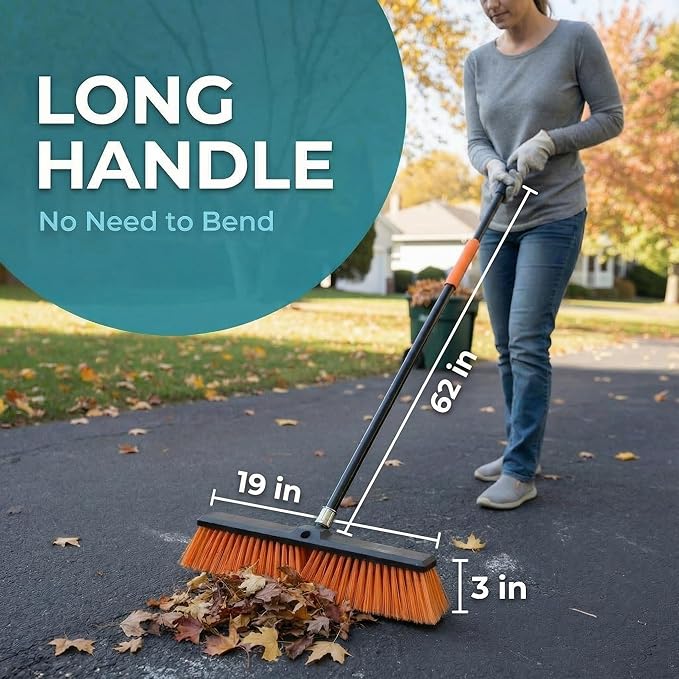 HELOMOR 2-Pack 19” Outdoor Push Brooms with 62” Long Handles – Heavy Duty Brooms for Driveway, Deck, Garage & Patio, Includes Dustpan Bin and Work Gloves