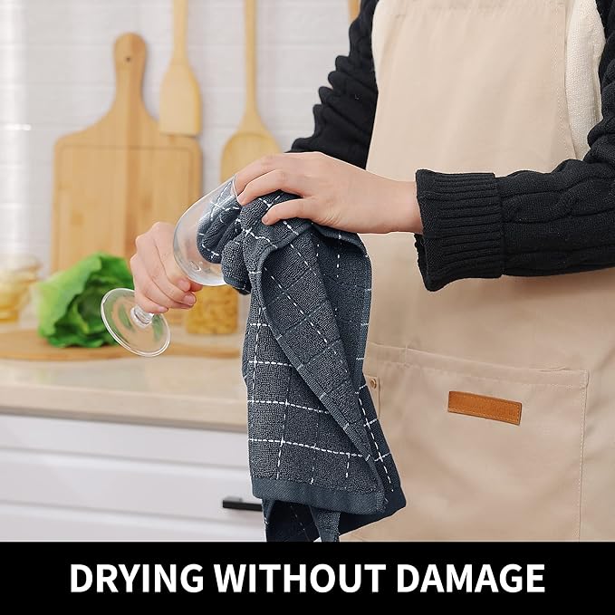 Homaxy 100% Cotton Terry Kitchen Towels(Dark Grey, 13 x 28 inches), Checkered Designed, Soft and Super Absorbent Dish Towels, 24 Pack