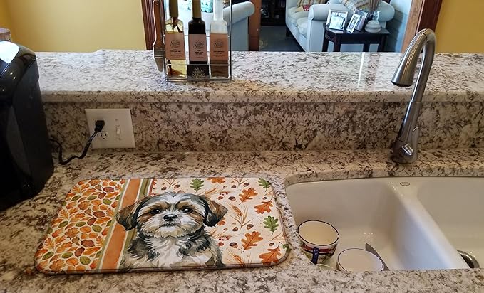 Caroline's Treasures Brindle Shih Tzu Heirloom Fall Dish Drying Mat Absorbent Dish Drying Mat Pad for Kitchen Counter Dish Drainer Mat for Countertop, 14 x 21", Multicolor