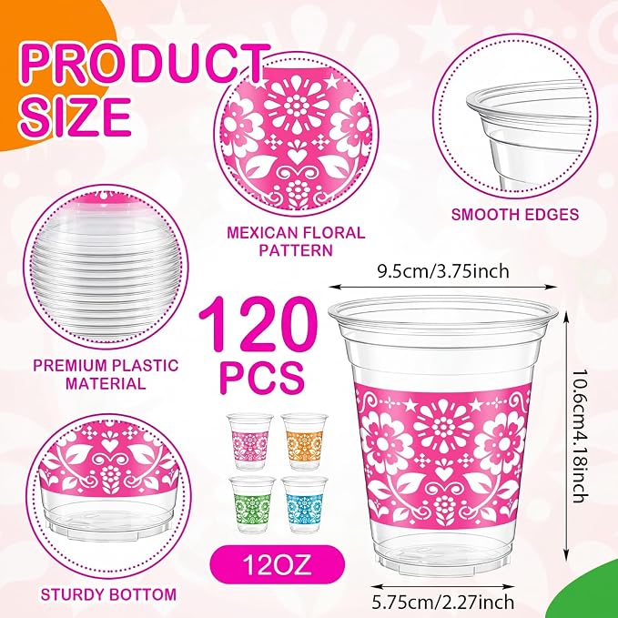 Tanlade 120 Pcs Fiesta Plastic Cups 12 oz Mexican Disposable Party Cups Cinco De Mayo Margarita Drinkware for Mexican Theme Birthday Taco Bar Birthday Wedding Party Supplies Decorations