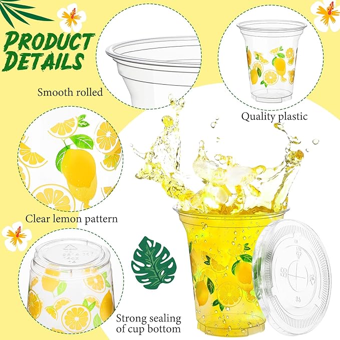 Umigy 100 Pack Plastic Disposable Cups with Lids and Straws 12 oz Disposable Cups for Juice Water Coffee Summer Party Sports Party Supplies(Lemonade)