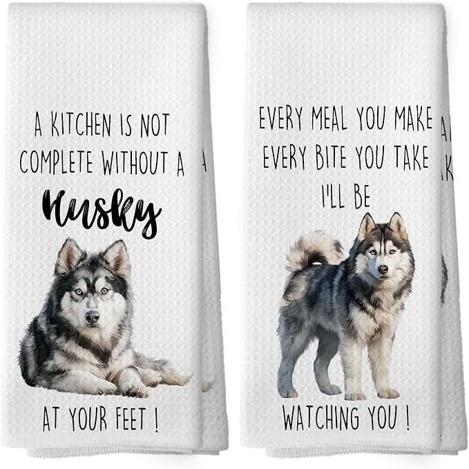 Husky Dog Kitchen Towels Set of 2, Funny Dog Kitchen Decor, Dogs Gifts for Women Men Hand Towel, Pet Owner Gift Decorative Tea Towels Dish Towel 16x24 Inch