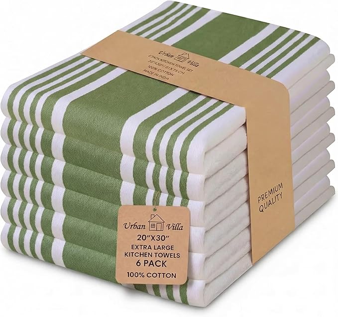Urban Villa Kitchen Towels 100% Cotton Dish Towels for Kitchen (Set of 6)20”x30” Dish Cloths Highly Absorbent Kitchen Linen Set with Hanging Loop Perfect for Drying Dishes Cleaning Towels-Green White