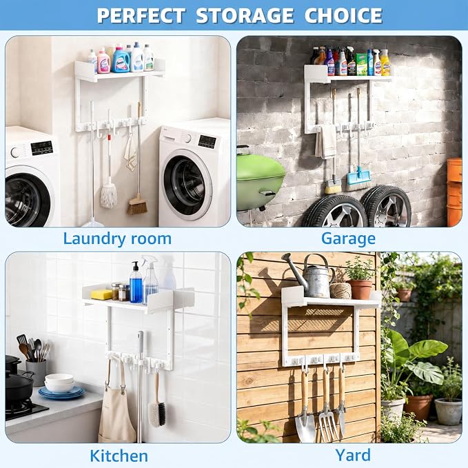 HUFAND Broom Holder Wall Mount, 15" Large Mop and Broom Organizer Wall Hanging with Top Storage Shelf, Heavy Duty Iron Utility Rack for Laundry Room, Garage, Kitchen, Garden - White