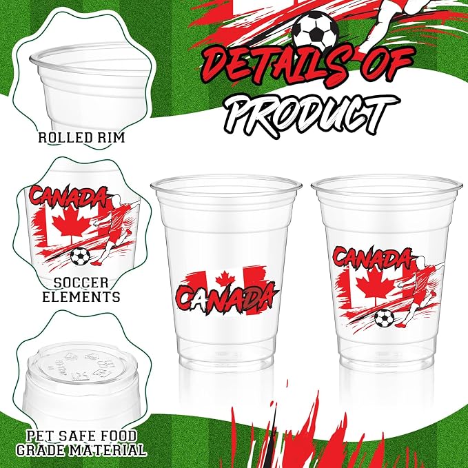 Jingmore 50 Pcs Soccer Plastic Cups 12 oz International Countries Soccer Disposable Plastic Cups Thick Clear Drinkware for Sports Games Party Supplies (Canada)