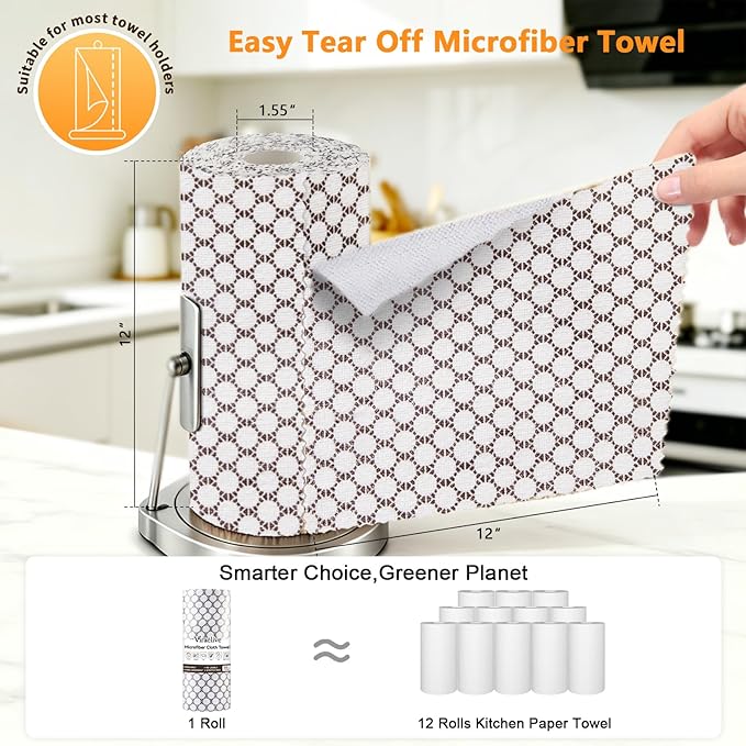 Microfiber Cleaning Cloth Roll, 50-Count Reusable, Durable, No Streaks, Absorbent, Lint-Free Non-Scratch Easy Tear-Away Towels, Dish Rags for Kitchen, Home, Car & Glasses, White Waffle, 12x12 in