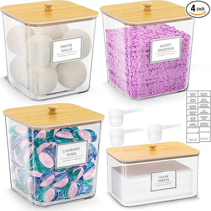 HomePekite Laundry Pods Storage Container, Clear Laundry Room Organization and Storage,Detergent Powder Container,with Wooden Lids & Labels, 3+1 Pack