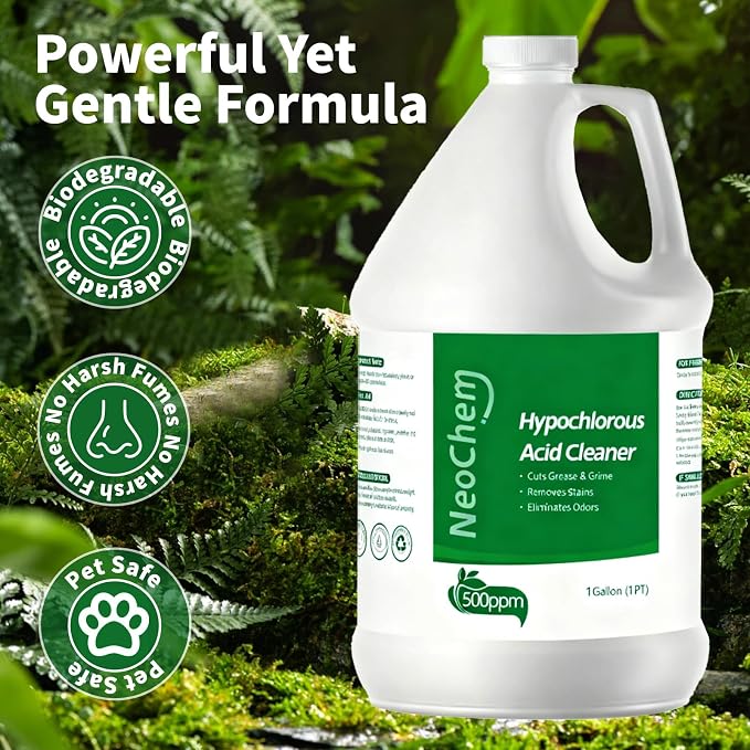 Hypochlorous Acid Spray For Cleaning, 500ppm Hypochlorous Acid,Cuts Grease, Removes Stains, Eliminates Odors - No Rinse, No Harsh Fumes, Biodegradable (1Gallon*2)