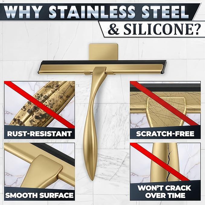 Shower Door Squeegee with Hook - 10" Silicone Blade, Stainless Steel Gold Squeegee for Shower Glass with Adhesive Mount - All-Purpose Bathroom Tile, Mirror, & Window Wiper for Streak-Free Cleaning