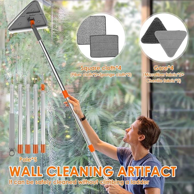 Baseboard Cleaner Tool with Handle,Folding Wall Mop with 79" Extension Pole, Swivel Wall Cleaner Mop with Squeegee, 8 Reusable Pads for Baseboard, Wall, Ceiling, Window, Floor, Furniture