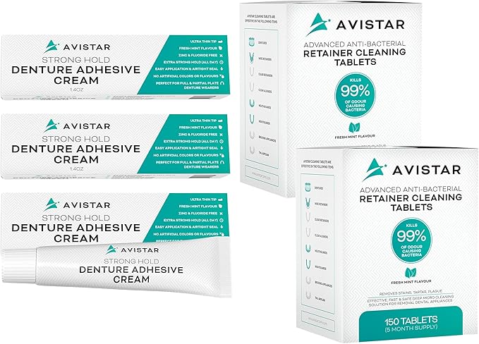 Avistar Extra Strong Denture Adhesive Cream (3 Pack, 4.2 Fl Oz) and Retainer Cleaning Tablets (300 Mint Flavor, 10 Months Supply)