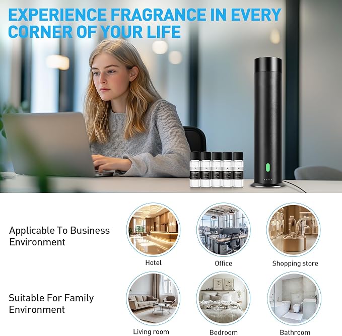Waterless Scent Diffuser Starter Kit - 1000 Sq Ft Coverage, Hotel Scent Diffuser, Essential Oil Diffuser for Home & Large Room, Included 5 Scent Oils, Remote Control, Black, 11In