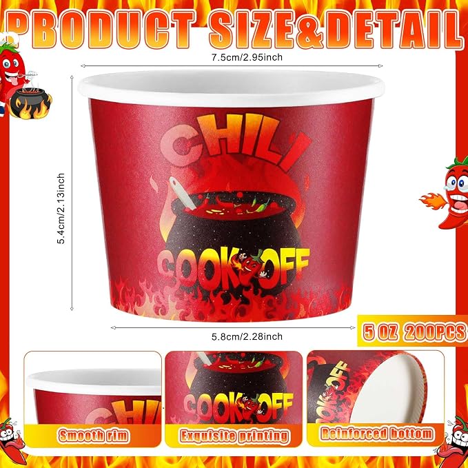 Ziliny 200 Pcs Chili Cook off Party Decorations Disposable Chili Cook off Paper Tasting Cups Food Sample Bowls for Mexican Party Supplies(Classic,5 oz)