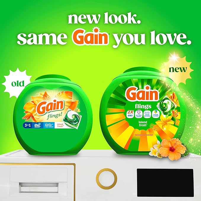 Gain Flings Liquid Washing Detergent Pacs with Odor Defense + Color Guard, Island Fresh Scent, 4-In-1 Liquid Laundry Detergent Pods, Clean & Fresh, 60 Count (Packaging May Vary)