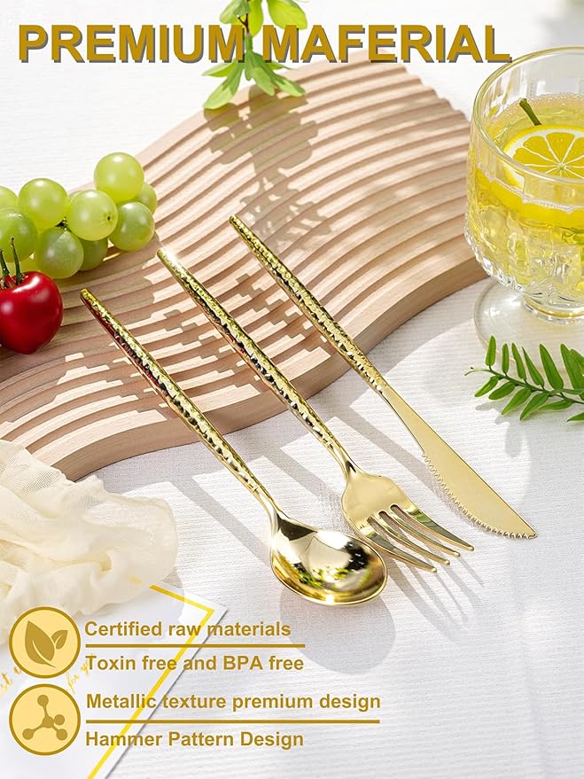 U-QE 60 PCS Gold Plastic Spoons - 7.7 Inch Hammered Heavy Duty Plastic Spoons - Elegant Gold Plastic Silverware - Perfect for Parties & Weddings and Other Daily Events