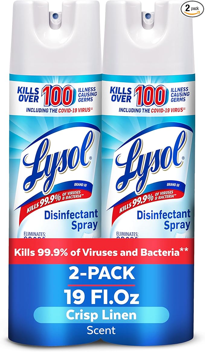 Lysol Disinfectant Spray, Household Cleaning Supplies, Disinfecting Multi-Purpose Room Spray, Antibacterial Sanitizer, Deodorizer, Kills Hantavirus, Crisp Linen, 19 Fl Oz (Pack of 2)