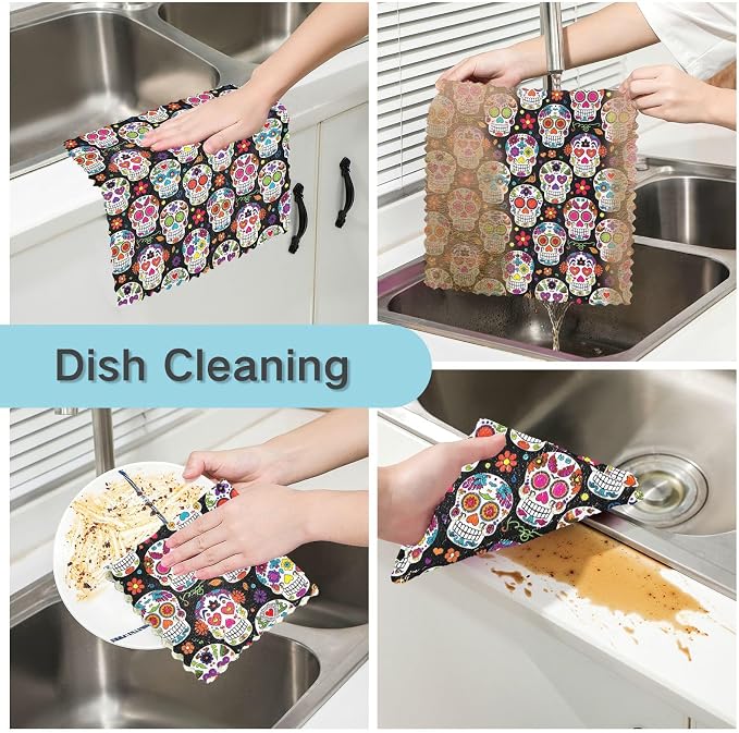 ALAZA Dish Towels Kitchen Cleaning Cloths Sugar Skull Dish Cloths Super Absorbent Kitchen Towels Lint Free Bar Tea Soft Towel Kitchen Accessories Set of 6,11"x11" 2