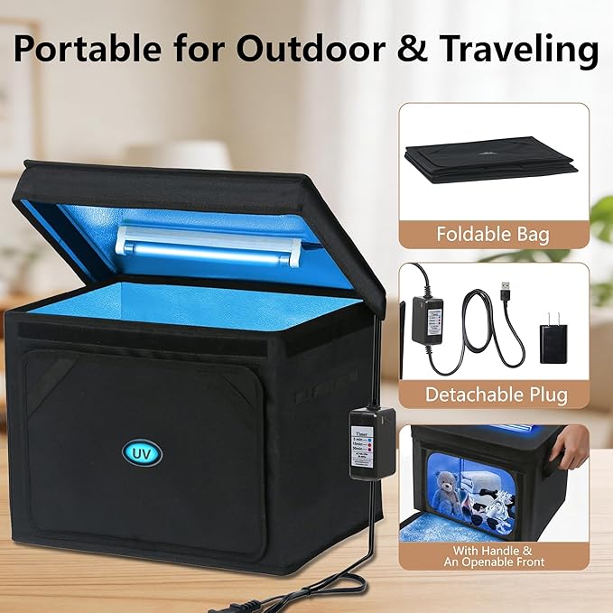 Large UV Sanitizer Box, 36L Portable Sanitizing and Cleaning Machine with 3-Level Timer, Foldable UV Cleaner Box for Household Use Like Phone, Towel, Key, Etc. Ozone Free