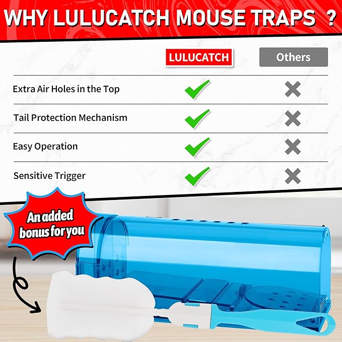LULUCATCH Humane Mouse Traps 2 Pack | Live No Touch Catch and Release No Kill Rodent Traps | Reusable with Cleaning Brush | Pet Safe Indoor Outdoor for Mice, Rats, Chipmunks, Voles, Blue