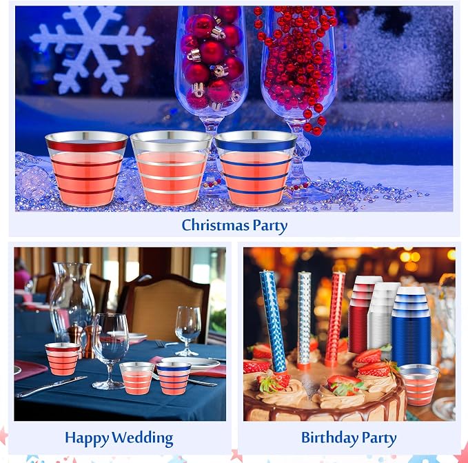 Gejoy 9 oz 60 Pcs 4th of July Rimmed Stripe Plastic Cups Bulk Disposable Wine Hard Plastic Drinking Cocktail Cups Tumblers for Wedding Gathering Party Supplies(Blue, Red, Silver)