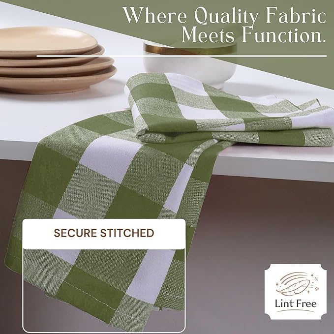 Mint Green and White Buffalo Check Kitchen Towels, 16x26 Inches, 4 Pack, 100% Cotton Dish Cloths, Reusable Hand Towels for Drying Glassware, Cleaning Spills, Farmhouse Plaid Towel