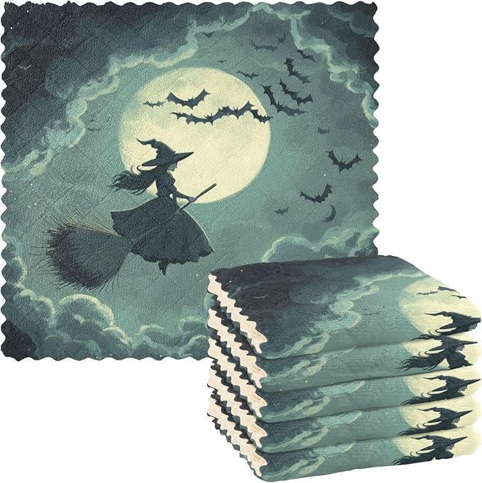 Halloween Witch Bats and Moonlight Kitchen Towels Dish Cloths Set of 6 Microfiber Cleaning Cloths for Cars Super Absorbent Machine