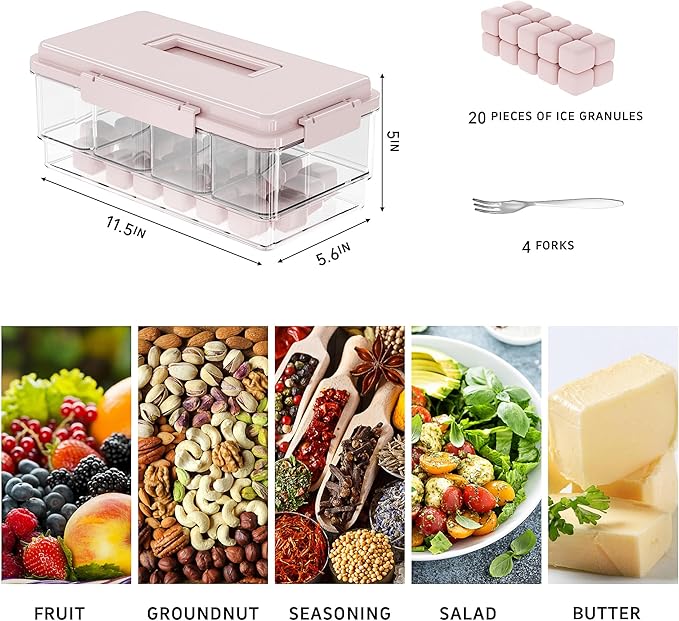 2Pack Chilled Condiment Caddy with 4 Containers 4 Lids Fruit Serving Tray Platter with Handle Portable Snackle Box Organizer Server with Ice Pack for Mimosa Bar Supplies,Salad,Taco,Party Garnish,Pink