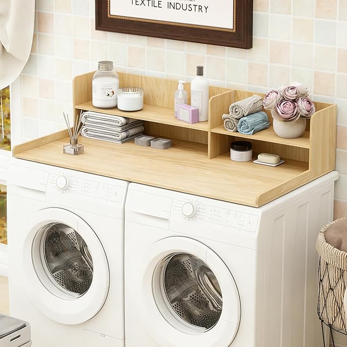 Laundry Topper For Washer And Dryer,Adjustable Washer Dryer Countertop | Natural Laundry Room Countertop 2 Tier,Shelf For Folding & Storage,Fits Standard Washers & Dryers, Laundry Room Organization