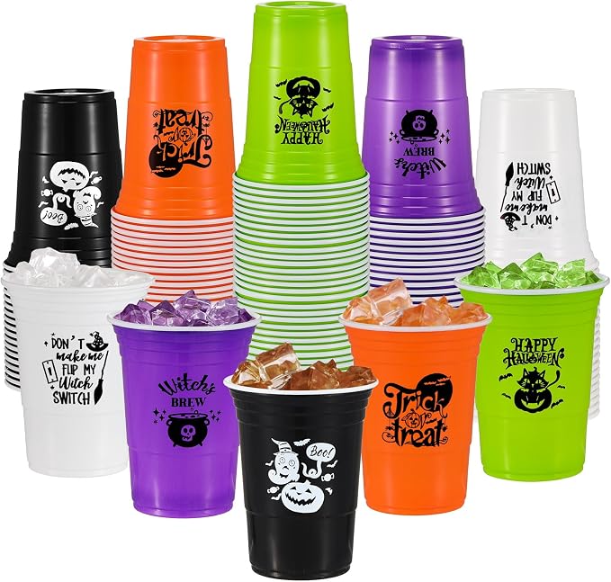 Lallisa 50 Pcs Halloween Plastic Cups 16 oz Disposable Halloween Party Cups Funny Pumpkin Ghost Skull Cat Drinking Tumbler Drinkware for Holiday Party Favors Supplies Family Dinner Decor