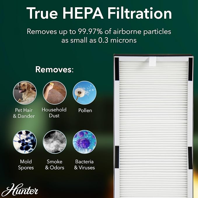 Hunter Air Purifiers for Home Large Room and Bedroom. True HEPA Air Purifier Tower for Pets, Odors, Allergens, Smoke, Dust, VOC's. Cleans 969 Ft² per Hour, 3 Fan Speeds, Sleep Timer. Graphite