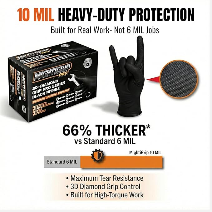 10 Mil Heavy-Duty Black Nitrile Gloves, Diamond Grip, Mechanic Grade, Latex & Powder Free, 1000 Count Bulk