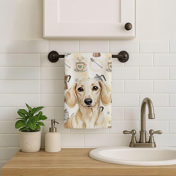 Caroline's Treasures Cream Dachshund Coffee Bar Kitchen Towel Velour Plush Front and Cotton Loop Back Machine Washable